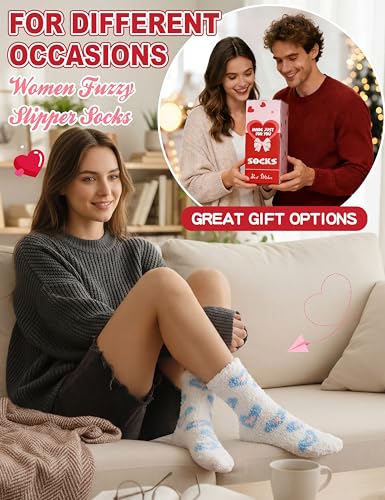Image of Womens Fuzzy Socks Warm Fluffy Cozy Winter Slipper Thick Fleece Heart Socks 5 Pairs