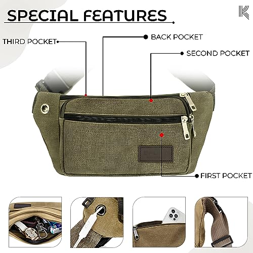 Image of Kraptick Premium Unisex Waist Bag for Men and Women - Stylish Fanny Pack, Hip Bag, Travel Money Belt (Canvas Green)