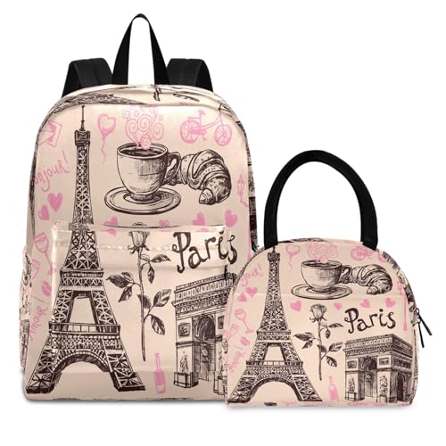 Paris-symbols Kids Backpack for Girls Boys Kindergarten Elementary School Backpacks Set with Lunch Box