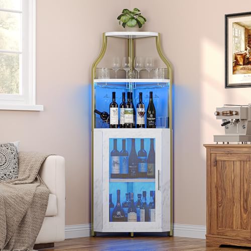 GarveeHome Corner Bar Wine Cabinet with LED Lights 5-Tier Industrial Wine Cabinet with Glass Holder Modern Liquor Cabinet with Adjustable Shelf Home Bar Cabinet with Mesh Door Gold
