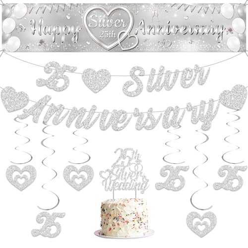 Aurmonigo 25th Wedding Anniversary Decorations - Happy Anniversary Banner Glitter Heart Hanging Swirls, Cake Topper Decoration Supplies for 25 Years Silver Wedding Party