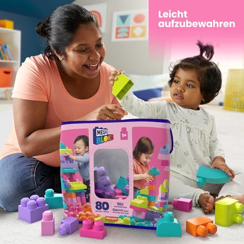 MEGA BLOKS Großer Bausteinebeutel - 80 robuste Bausteine mit wiederverwendbarem Aufbewahrungsbeutel, kompatibel mit Allen Mega Bloks Bauspielzeugen, für Kinder ab 1 Jahr, DCH62