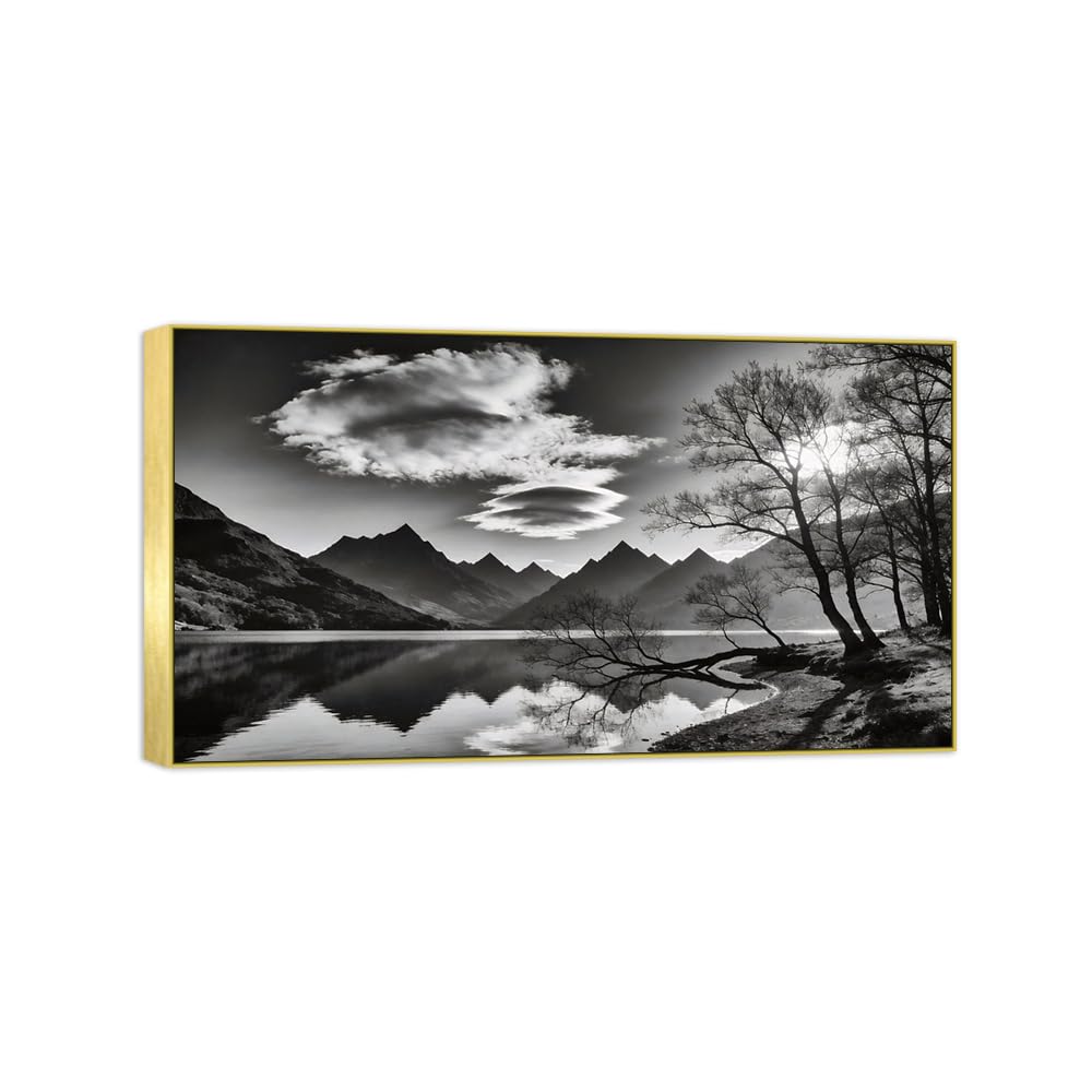 Lake Mountain Black White Landscape Canvas Picture 40x70cm Gold Frame