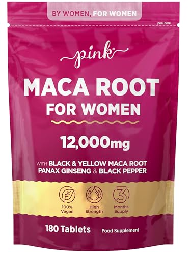 Maca Root Capsules for Women 12,000mg | Peruvian Maca Supplement | High Strength Black & Yellow Maca Root with Panax Ginseng and Black Pepper | Botanical Supplement to Support Women's Health | by PINK