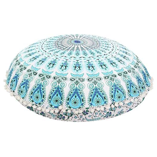 Blå rund mandala golvkuddar prydnadskudde kuddfodral 80 cm utomhus kuddöverdrag pom pom rund kudde bluff