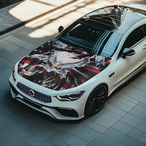 Image of American Flag Bald Eagle Print Car Hood Cover, Stretchable Waterproof Protector for Auto, Auto Hood Wraps Blankets, Car Patriotic Decorations for Most SUVs Trucks Minivans