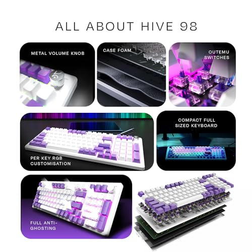 Image of Kreo Hive Wired Full Size RGB Backlight Gaming Mechanical Keyboard, Customizable RGB, Mechanical Switches, NKRO, Metal Volume Knob, 5-Pin Hot Swap (White-Purple, Blue Switch)