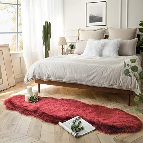 Ashler Faux Fur Rug, Fluffy Shaggy Area Rug Ultra Soft 2 X 6 Feet Sheepskin Fur Rug, Deep Red Fuzzy Rug Machine Washable Shag Rug, Nursery Decor Throw Rugs For Bedroom, Kids Room, Living Room #TOP1