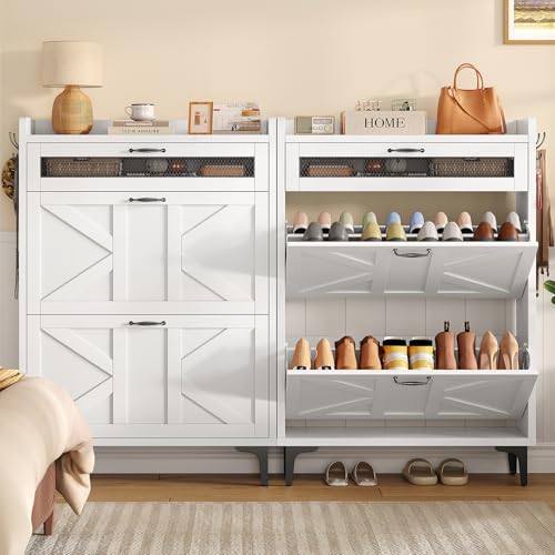 Image of TEENFON Slim Shoe Cabinet, Farmhouse Hidden Shoe Storage with 2 Flip Drawers & 1 Top Drawer, Narrow Shoe Cabinet with Adjustable Shelves and Hooks, Shoe Storage Cabinet for Entryway, White