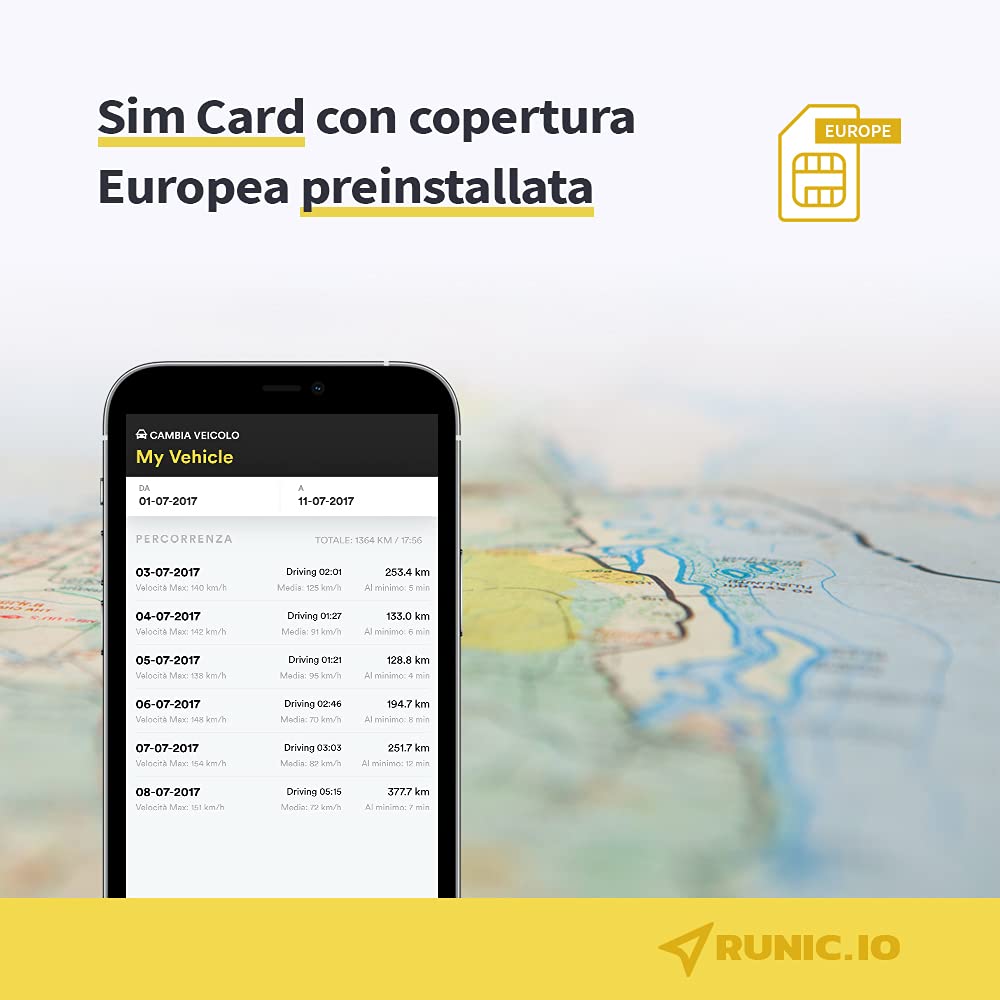 RUNIC.IO Localizzatore GPS Tracker | Per Auto, Moto, Furgoni e Camion | SIM con Copertura Europea | 2 Mesi di Servizio Cloud e Traffico Dati Inclusi