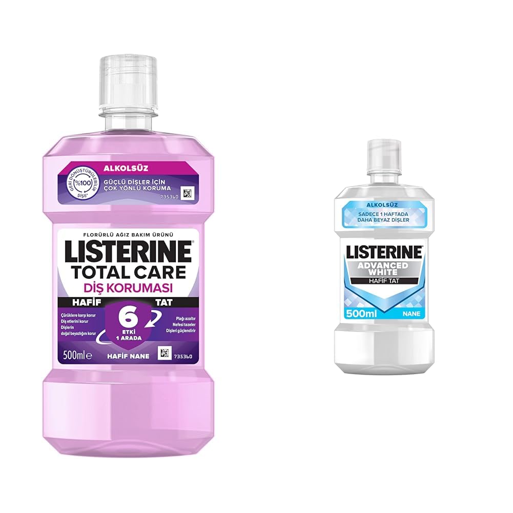 listerine, total care, diş koruyucu, 6 etkili florürlü ağız bakım ürünü, hafif tat, sıfır alkol, nane aromalı, 500ml ve listerine advanced white hafif tat ağız bakım suyu 500 ml