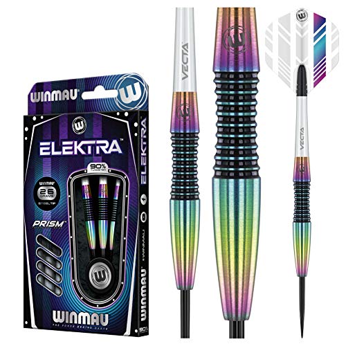 WINMAU Elektra 90% Tungsten Steel Tip Darts with Prism Flights and Vecta Shafts (Stems) 26 gram, Urban Grip, Match Weighed