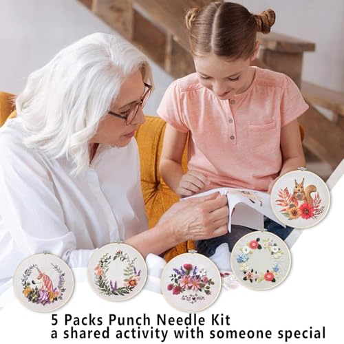 Image of GOGLAM Embroidery Kit for Beginners, 5 Set Embroidery Starter Kit Flowers for Adults, DIY Punch Needle Kit with Flower Wreath Animal Pattern, Hoop, Needle, Hand Embroidery Kit
