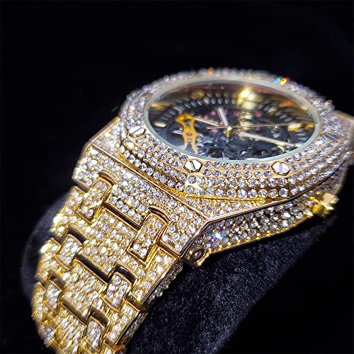 Icediamond 43Mm Iced Out Openwork Mechanical Automatic Wrist Watch, Full Shiny Cz Diamond Hand-Winding Skeleton Dial Luxury Watch For Men (Gold) #TOP4