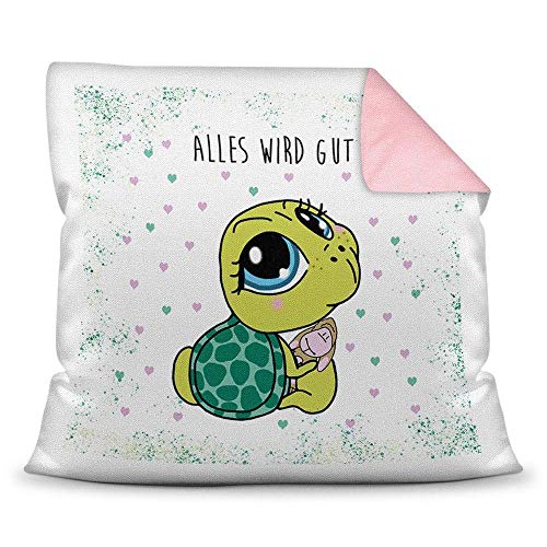 Print Royal Deko-Kissen Tiere mit liebem Spruch - Alles Wird gut - Schildkröte/Ich Liebe Dich/Geschenk für Freund, Freundin / 40x40 / Rückseite Altrosa inkl. Füllung