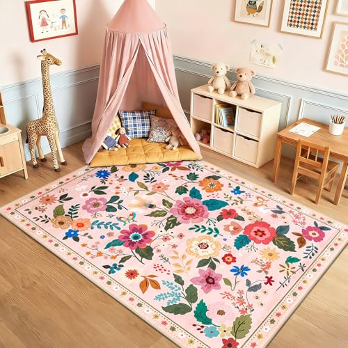 DEFYNEE Machine Washable Rugs Living Room 120×180cm Floral Rug Non-Slip Low Pile Boho Vintage Floral Carpet with Printed Design for Living Room Bedroom Kitchen Entryway Lounge Pink/Beige