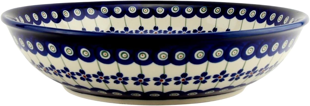 Polish Pottery Pasta Bowl 10” Dia. by Zaklady Boleslawiec Poland | Capacity: 8 cups Floral Peacock Pattern Polish Stoneware