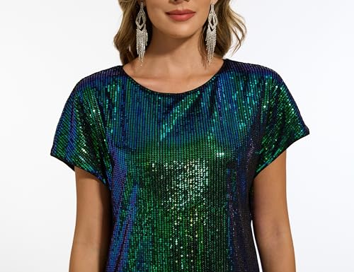 Image of Women's Crewneck Sequin Shift Dress Short Sleeve Casual Holiday Sparkly Party Dress