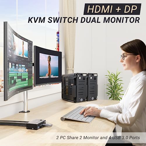 KCEVE KVM Switch 2 Monitors 2 Computers HDMI Displayport, USB 3.0 KVM Switch Displayport HDMI for 2 Computers Share 4 USB3.0 Devices, 4K@60Hz, with Wired Remote(4K HD DP 2 in 2 Out KVM) by KCEVE - Image 2