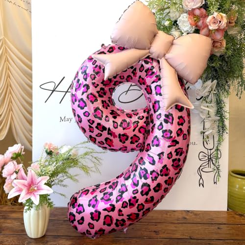Leopard Print Bow Balloons Birthday Decorations 40Inch Cheetah Number 9 Foil Balloons For Women Bachelorette Wedding 9th 19th 90th Birthday Anniversary Party Supplies