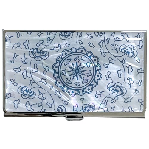 Image of Mother of Pearl Business Card Case Credit Id Name Holder Travel Wallet Art Painting Design Metal Stainless Steel Engraved Slim Purse Pocket Cash Money Wallet (Blue Arabesque)