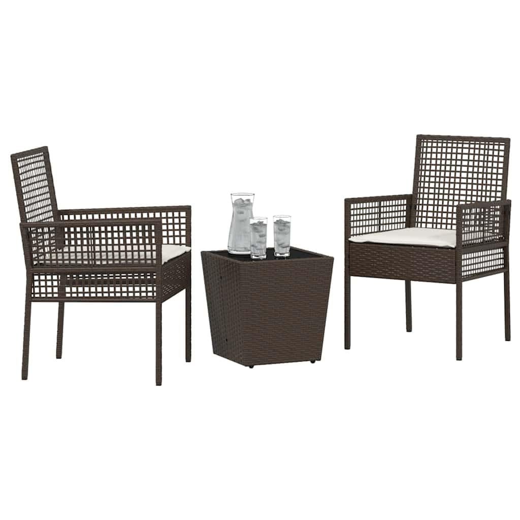 Set da bistrò in polyrattan, 3 pezzi, marrone, con piano in vetro di sicurezza e braccioli, per giardino, terrazza o patio