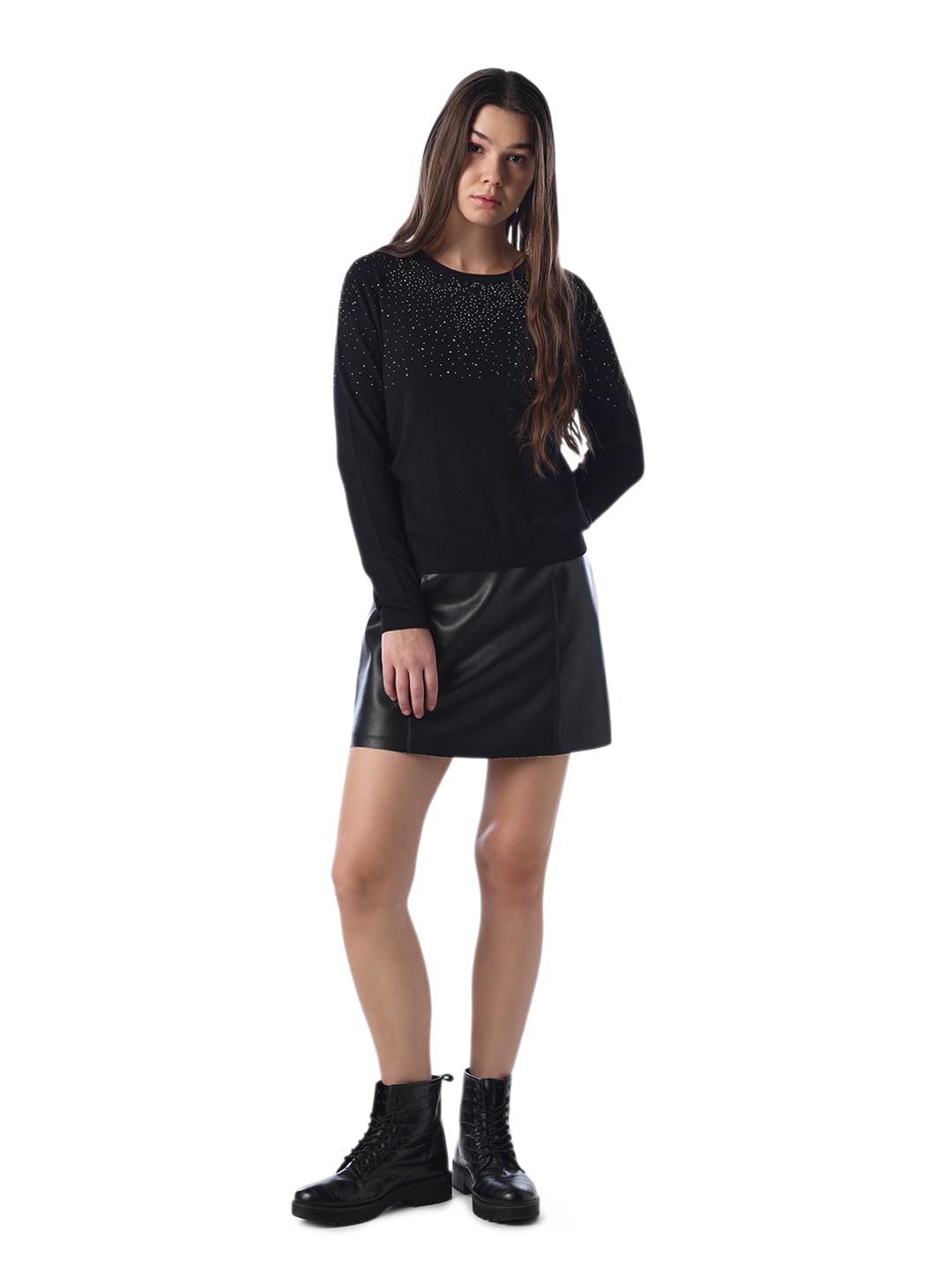 Women's Embellished Regular Fit Black Sweater-image-33
