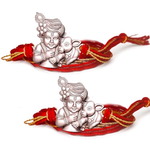 Laddu Gopal Krishna with cow, 99.5% Pure Silver Kanhaiya Rakhi| R...