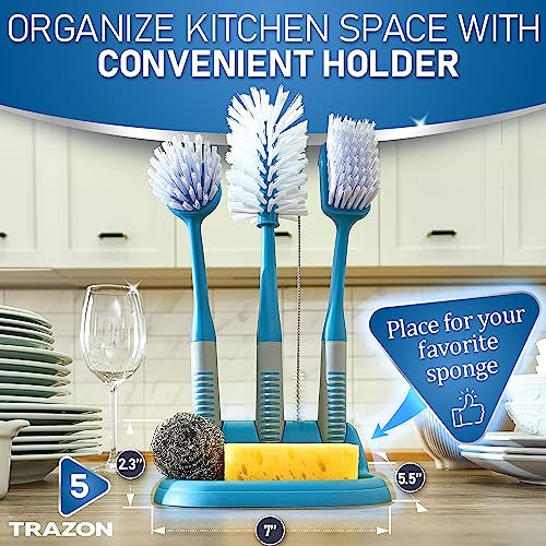 Image of Dish Brush Set of 5 with Convenient Holder, Bottle Water Brush, Dish Scrub Brush, Scrubber Brush and Straw Brush - Kitchen Scrub Brushes Non Slip Long Handle for Sink Dishes Cup Pot