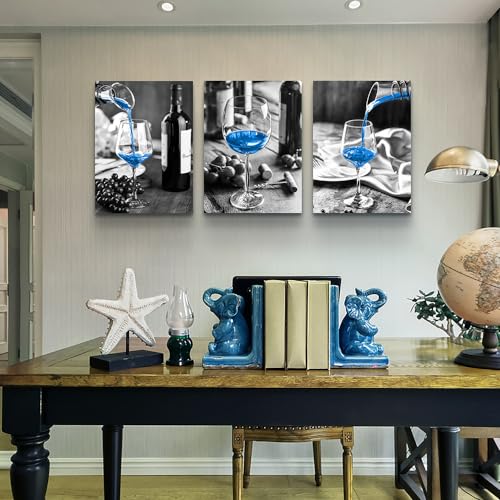 DZRWUBHS Canvas Wall Art For Kitchen Large Wall Decor For Dining Room Black And White Glasses Wine Painting Modern Blue Wine Wall Pictures Art Prints Artwork Bar Restaurant Home Decorations 3 Piece