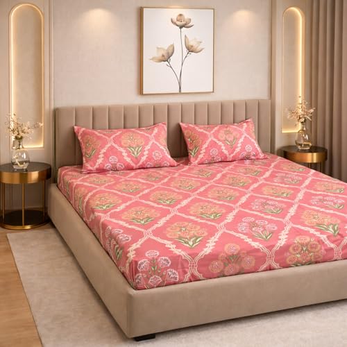 Image of THEA King Elastic Fitted Double Bedsheet Set| 100% Cotton Like Soft Fabric | Microfiber King Elastic Double Bedsheet for King Size Bed (72 X 78 x 10 inches) with 2 Pillow covers,Blush Mahal