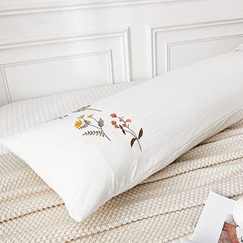 Flower Body Pillow Cover White Body Pillow Cover Soft Washed Microfiber Embroidered Flower Pattern Farmhouse Boho Body Pillow Cover With Pocket Closure(Body,White Flower) #TOP10