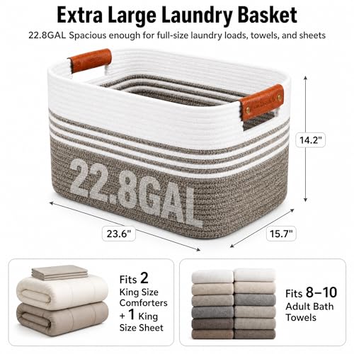 Image of Cotton Rope Laundry Basket Extra Large, 22.8GAL Collapsible Woven Storage Baskets for Living Room Kids Toys Stuffed Animal,Boho Rectangular Decorative Hamper for Dirty Clothes, Blankets Dark Brown