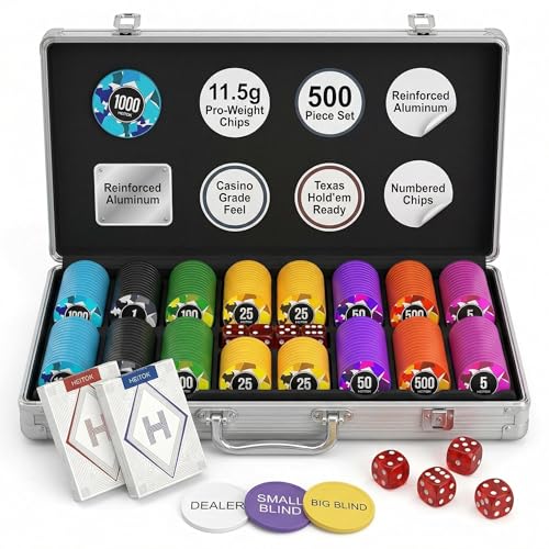 ACCESSORI PREMIUM AGGIORNATI. A differenza dei set standard, questo kit include un esclusivo Bottone Dealer in Metallo che aggiunge prestigio e professionalità al tavolo da gioco. Include anche 5 dadi e 2 mazzi di carte da gioco in carta, fornendo tutto il necessario per varianti come Texas Holdem e Blackjack.