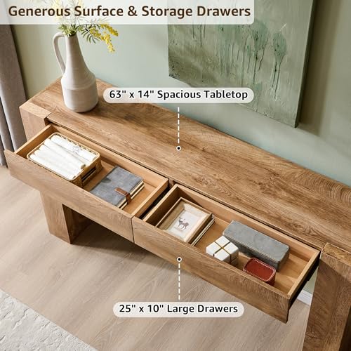 OKD Modern Entryway Console Table, Sofa Table with Drawers, 63\" Long Hall Table Behind Couch, Thick Wood Design for Living Room, Hallway - Light Knotty Oak