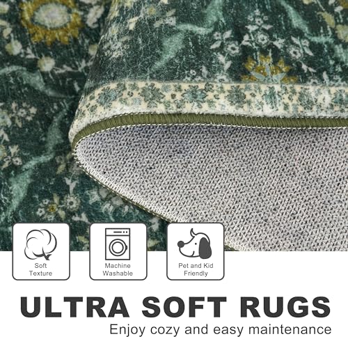 KILOCOCO 2x6 Runner Rug, Moroccan Super Soft Washable Hallway Entryway Runner Rug, Accent Print Faux Wool Kitchen Runner Rug 6 Feet Non-Slip Boho Rug Runner for Laundry Room Bedroom, Dark Green