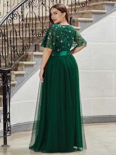Ever-Pretty Women's Round Neck Short Sleeves Plus Size A-Line Tulle Sequin Formal Evening Dresses 0904-DA22