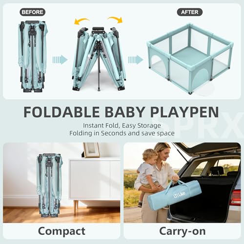 Image of Foldable Baby Playpen, Play Yard for Babies&Toddlers Indoor Outdoor | Comes with mat, 2 Pull-Up Rings & Storage Bag. Portable Playpen Baby Fence Play Area with Visible Mesh