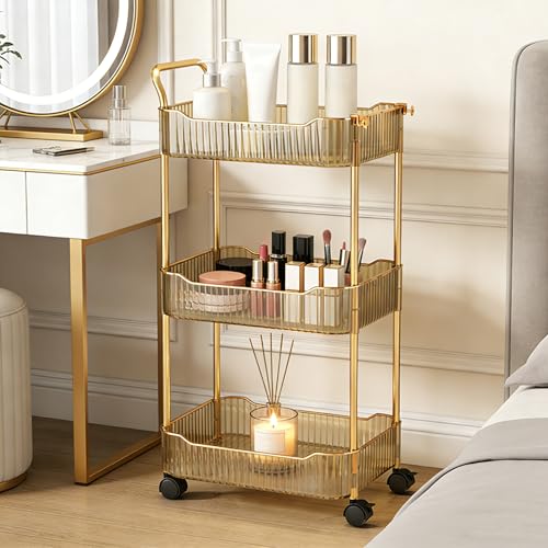 Storage Trolley on Wheels Acrylic Beauty Trolleys Makeup Organizers Rolling Utility Cart For Bathroom Salon Kitchen Gold 3 Tier