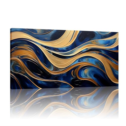 Toile moderne abstraite bleu or pour habiller un grand mur vide de salon avec cadre 80x160 cm