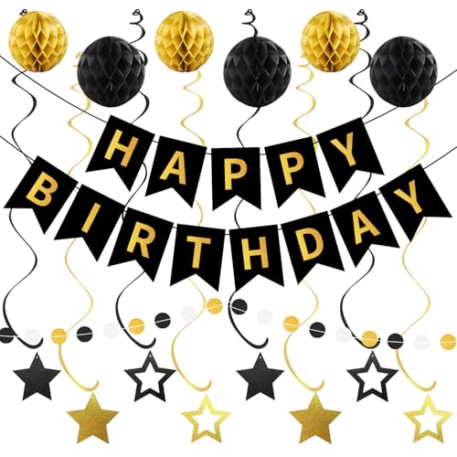 Décorations d'anniversaire noires et dorées en papier nid d'abeille et guirlande chic