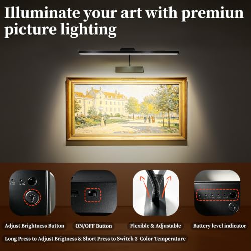 Image of MIOBLUE Picture Light for Wall, 4800mAh Rechargeable Wireless Remote, 15in Dimmable Timer LED Art Display Light with 3 Color Modes for Gallery, Dartboard, Living Room, Bedroom, Hallway-Black