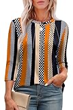 Aokosor Womens 3/4 Sleeve Tops Ladies Blouses Crew Neck Pleated Shirts Fashion Dressy Tunic Blouses Size 18-20 Black Orange Stripe Dot