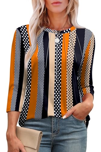 Aokosor Womens 3/4 Sleeve Tops Ladies Blouses Crew Neck Pleated Shirts Fashion Dressy Tunic Blouses Size 26-28 Black Orange Stripe Dot