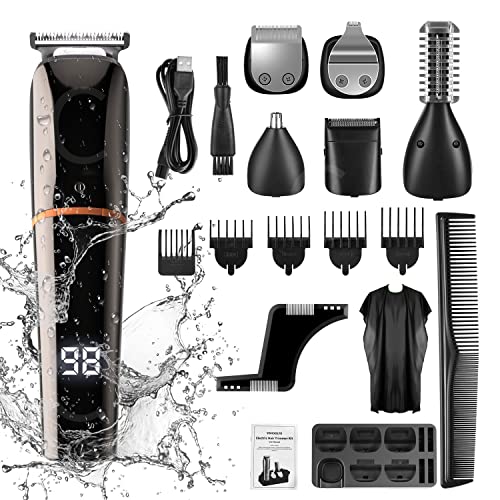 YOHOOLYO Tondeuse à Cheveux Barbe Tondeuse Cheveux Hommes Professionnel Sans Fil Rechargeable Ecran LCD avec 6 Têtes de Lame et 6 Sabots pour Enfants Adultes Personnes Âgées Salon