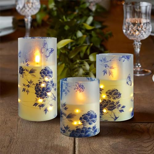 Image of Flameless Candles with String Lights - Set of 3 Chinoiserie Battery Operated Candle Flickering Floral LED Pillar Candles with Timer Remote for Home Decor Romantic Ambiance