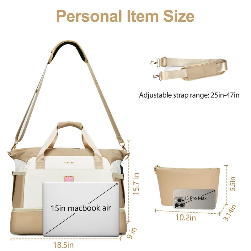 Initials Travel Bag for Women, Overnight Gym Carry On Tote with Shoes Compartment, Travel Duffel Bag with USB Charging Port, Weekender Overnight Bag for Women, Travel, Gym, Hospital Beige - A4