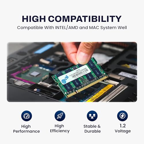 Image of EVM 2GB DDR2 Laptop RAM Memory | 667MHz | PC2-5300 | SO-DIMM | 200-Pin | CL5 | 1.8V Low Voltage | Non-ECC Unbuffered | Notebook Compatible | Intel & AMD Support | 10 Year Warranty (EVMT2G6670S86P)