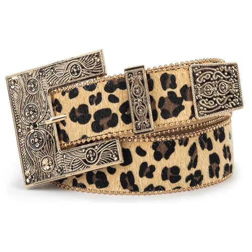 Women Leopard Print Cowboy Belt Western Cowgirl Cowboy Studded Leather Belt for Jeans Pants (suit for waist 27-39