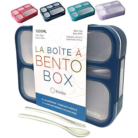kinsho Bento Lunch Box Kids, Leakproof Lunch Containers for Boys Girls Adults with 6 Compartments - School, Daycare, Meal Planning Portion Control Container, BPA-Free Boxes, Utensils, Navy Blue Cover